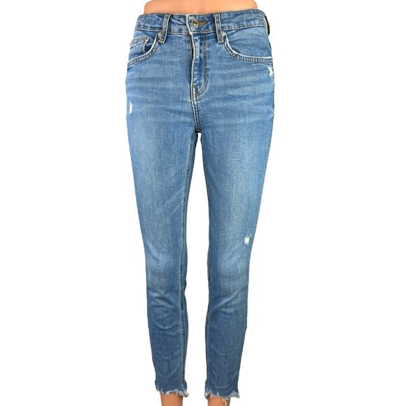 Zara Woman Blue Medium Wash Distressed Raw Hem High Rise Skinny Denim Jeans Sz 6 - Picture 1 of 5